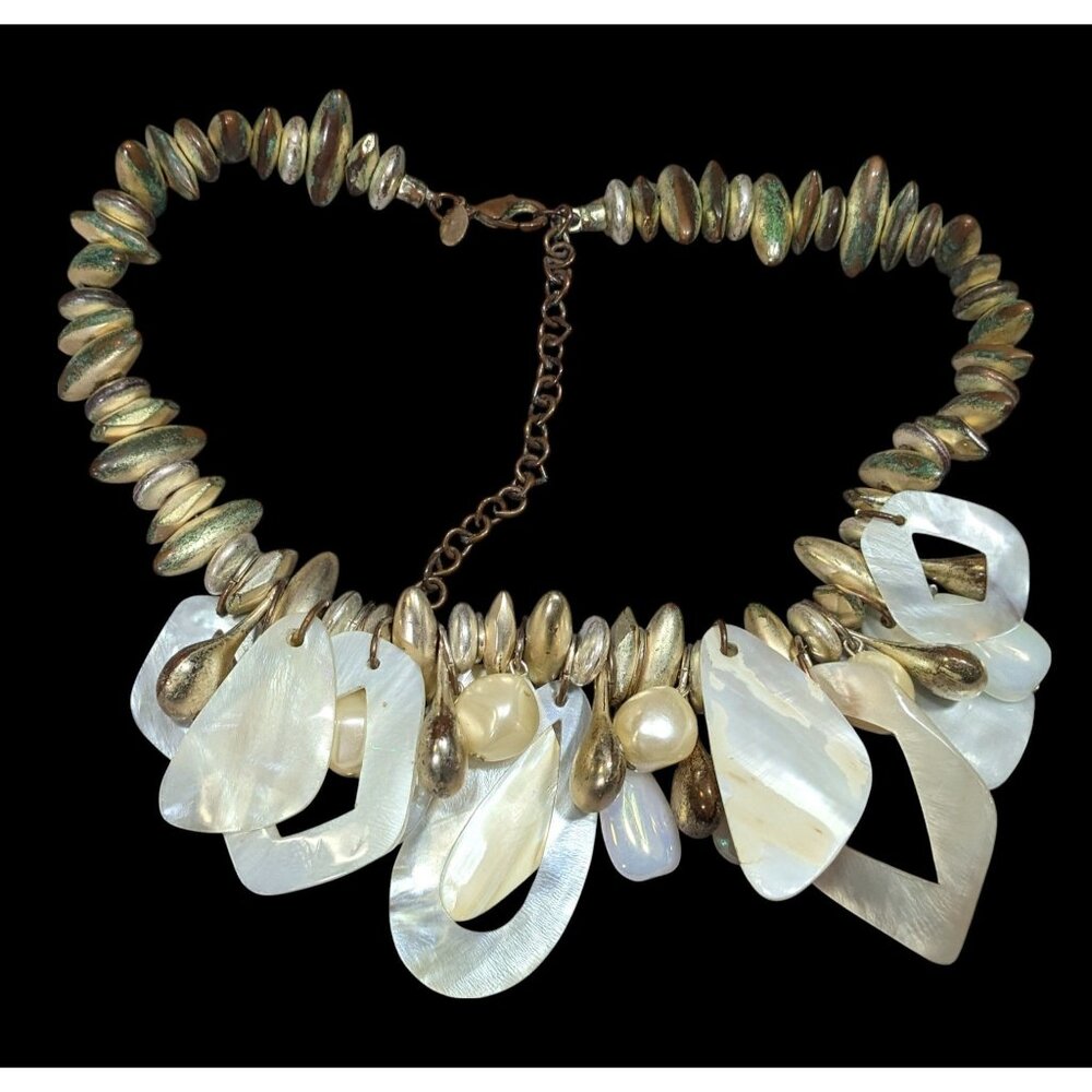 Chico's Vintage Mermaidcore Glam Shell And Gold Tone Chunky Abstract Necklace